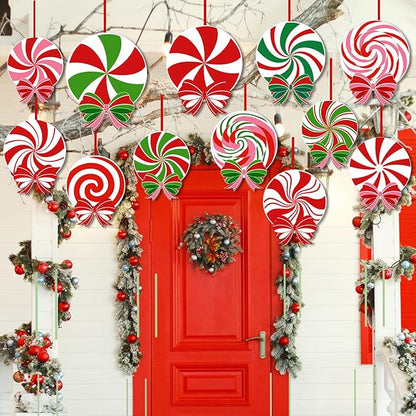 24 PCS Christmas Outdoor Yard Signs Candy Decorations Outdoor Peppermint LED lights Xmas Yard Stakes Hanging Ornaments Holiday Garden Sign
