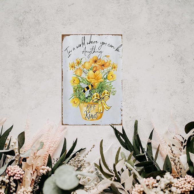 Funny Flowers Metal Poster, Country Rustic Tin Sign, Daffodils Bee Kind, Yard Garage Farm Outside Garden Wall Decor Plaque Outdoor for Home Fence 8 X 12 Inch