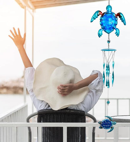 CoTa Global Blue Sea Turtle Wind Chime - Handcrafted Glass and Metal Chime - Hanging Sea Turtle Decoration for Indoor and Outdoor Spaces, Hanging Ocean Animal Windchime Decor Gift - 35 Inches