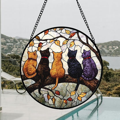 DASTOLL Stained Glass Window Hanging - 5 Cats on a Branch Suncatcher for Window Doors Home Decoration and Christmas, Mother's Day Father's Day Birthday Gifts for Women, Men, and Mom 14.9x14.9 in