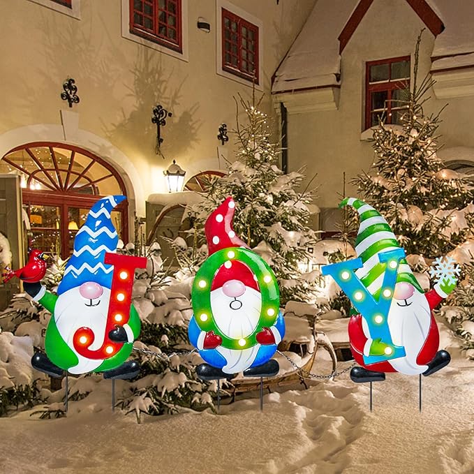 WONDER GARDEN Christmas Yard Stakes, 3 PCS Metal Yard Signs, Xmas Gnomes with Joy and Led Light Christmas Yard Decorations for Lawn Party Decorations