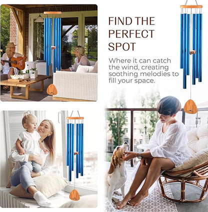 UpBlend XL Wind Chimes for Outside Gift – Deep Tone Wind Chime with Decorative Stone – Garden and Patio Décor for Porch or Yard, Elegant Outdoor Ornament, Meaningful Gift for Neighbors. 41” Blue.