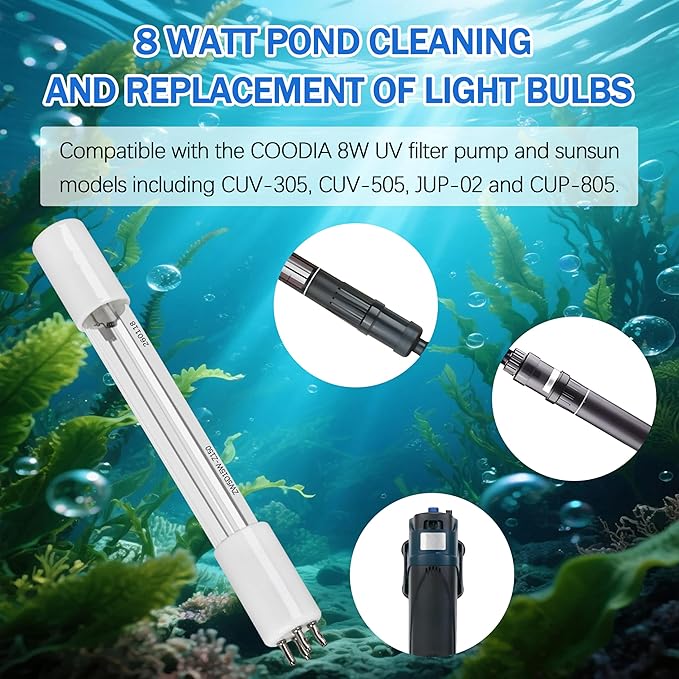 Replacement UV Bulb for Pond Filter, UV Clarifier Light for Green Water (8W 1 Pack)