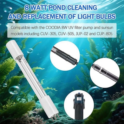 Replacement UV Bulb for Pond Filter, UV Clarifier Light for Green Water (8W 1 Pack)