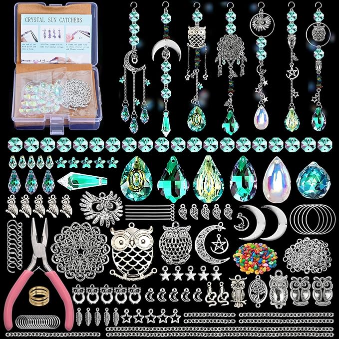 DIY Suncatcher Making Kits, 420 pcs Owl Set Crystal Sun Catchers Crafts with Hooks Chains Pendants Rainbow Maker for Window Hanging Prism Indoor Outdoor Garden Party Decor