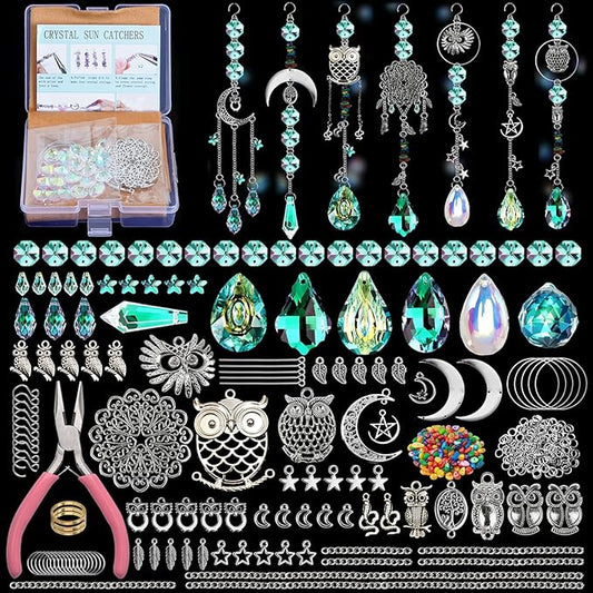 DIY Suncatcher Making Kits, 420 pcs Owl Set Crystal Sun Catchers Crafts with Hooks Chains Pendants Rainbow Maker for Window Hanging Prism Indoor Outdoor Garden Party Decor