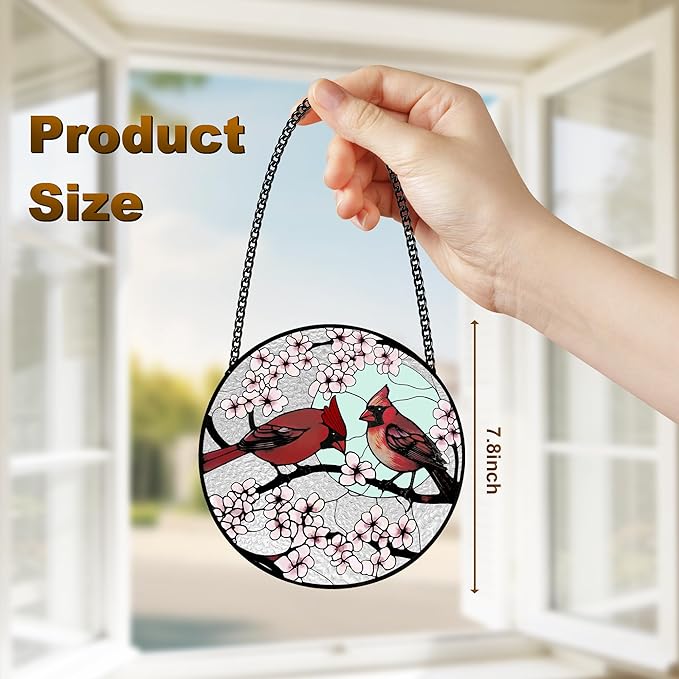 Stained Glass Window Hanging, Cardinal Sun Catcher Glass Panel with Metal Chain, Red Suncatcher Decor for Women, Men, Wife, Aunt, Lovers Birthday 7.8 in