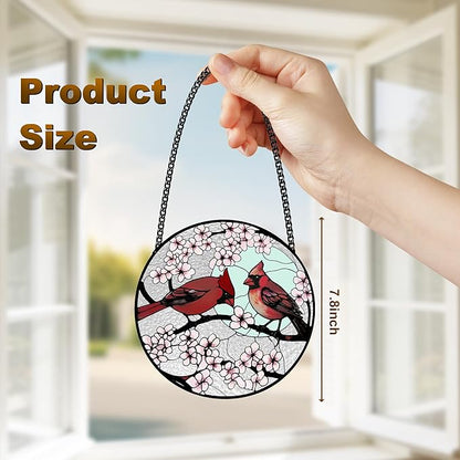 Stained Glass Window Hanging, Cardinal Sun Catcher Glass Panel with Metal Chain, Red Suncatcher Decor for Women, Men, Wife, Aunt, Lovers Birthday 7.8 in