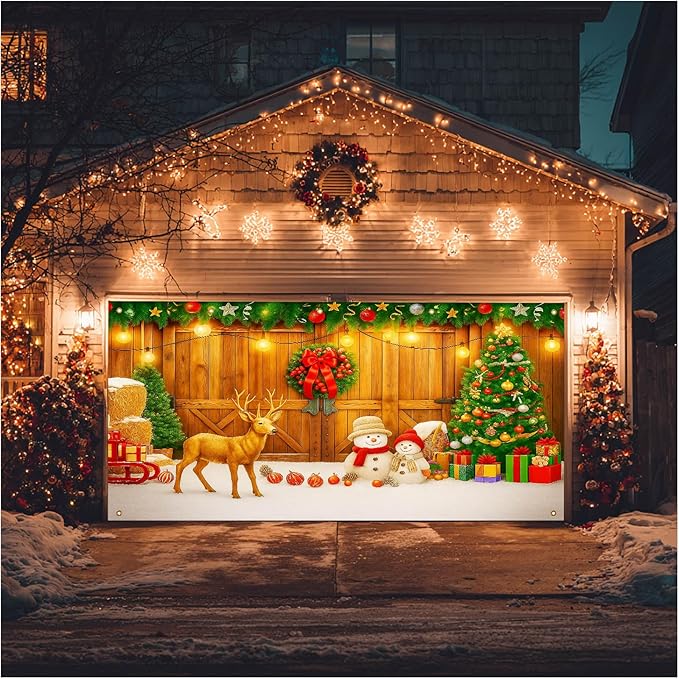 HOMETITUTE Christmas Garage Entryway Banner 13x6ft Rustic Wooden Entryway Scene with Reindeer Snowman Xmas Tree Gift Boxes Pinecones PumpkinsLights Outdoor Holiday Display Backdrop