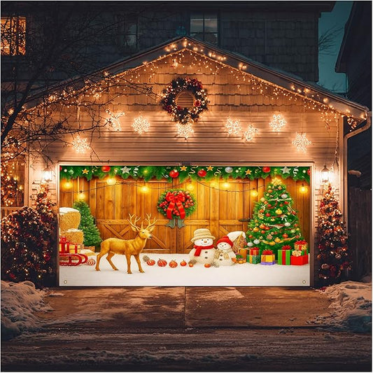HOMETITUTE Christmas Garage Entryway Banner 13x6ft Rustic Wooden Entryway Scene with Reindeer Snowman Xmas Tree Gift Boxes Pinecones PumpkinsLights Outdoor Holiday Display Backdrop