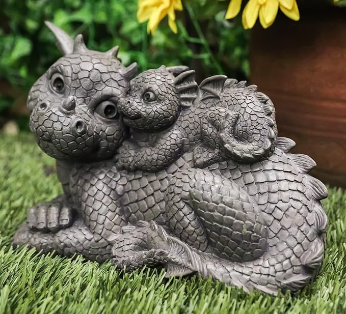 Ebros Whimsical Piggyback Dragon Family Statue 10.25" Long Faux Stone Resin Finish Mother and Baby Animated Dragons Welcome Guest Greeter Decor Figurine