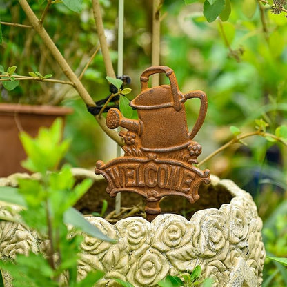 Sungmor Vintage Cast Iron Decorative Garden Stake, Rustic Welcome Yard Art Sign with Stake, 12.6" Tall Metal Watering Can Stake with Welcome Sign, Lawn Patio Backyard Outdoor Spring Decor
