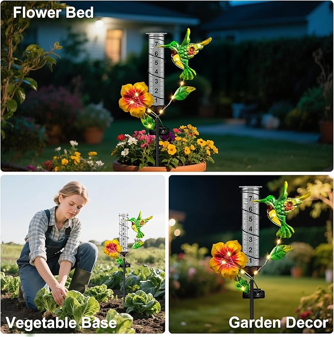 Rain Gauge Outdoor - Hummingbird Decorative Rain Gauges with LED Solar Lights, Freeze Proof Height Adjustable, Metal Water Gauge for for Yard Garden Decor