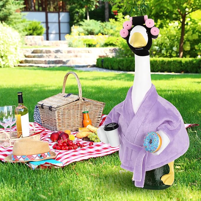 Porch Goose Outfits for 23 Inches Lawn Goose Statue, Purple Bathrobe Clothes with Hair Curlers, Coffee Cup & Donut Accessories for Funny Spa Yard Garden Patio Decor