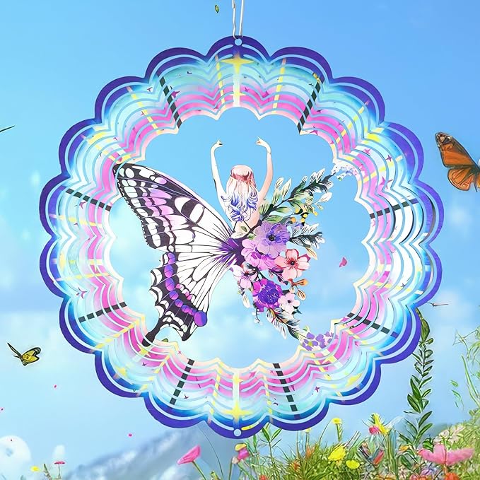 Wind Spinner Mandala 12 inch 3D Stainless Steel Laser Cut Metal Art Geometric Pattern Hanging Wind Spinner (Butterfly)