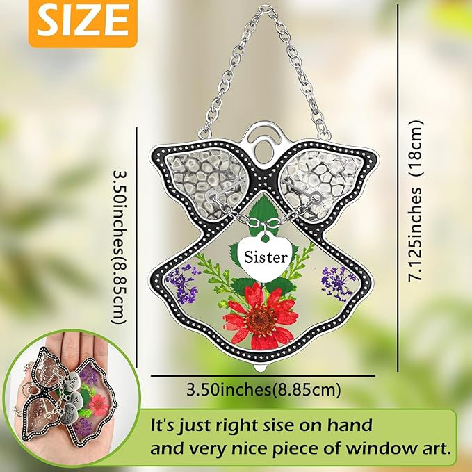 KY&BOSAM Angel Suncatcher Sister Stained Glass Suncatchers for Windows Hangings Wind Chime with Pressed Drived Flower and Metal Charm Birthdays Gifts for Sister Mothers Day Valentine's Christmas Decor