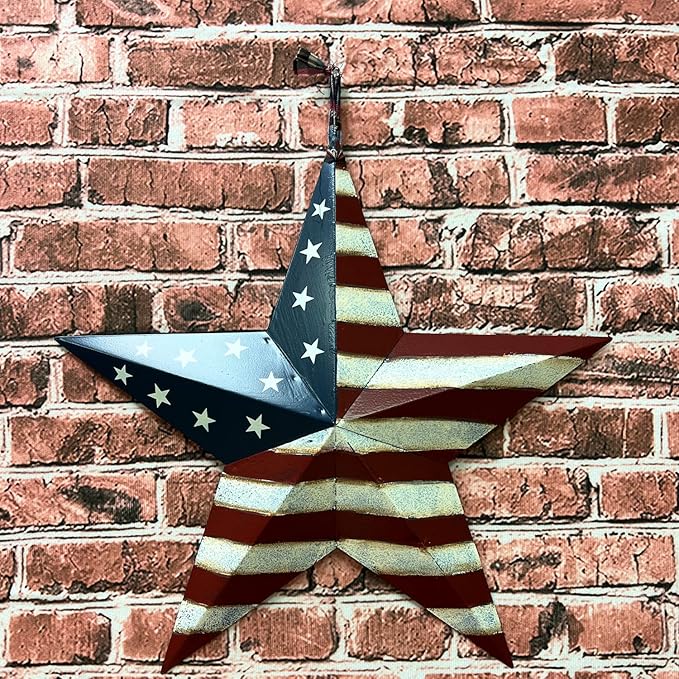 Metal American Flag Barn 3D Star Wall Decor Americana Stars Stripes Patriotic Decorations (22"X22")