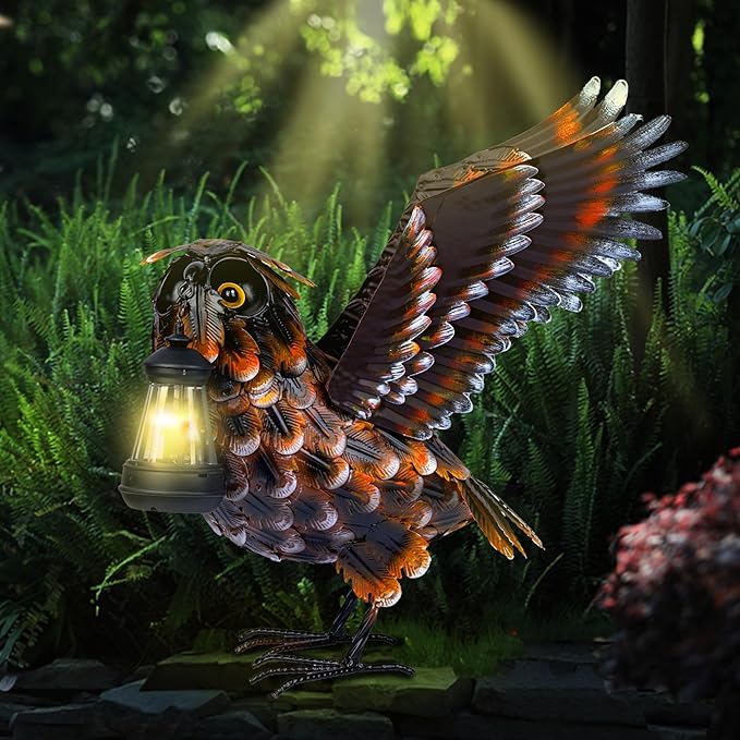 Modista Metal Yard Art Decor Owl Garden Statues Sculptures with Solar Lamp for Home Yard Decorations Outdoor Clearance