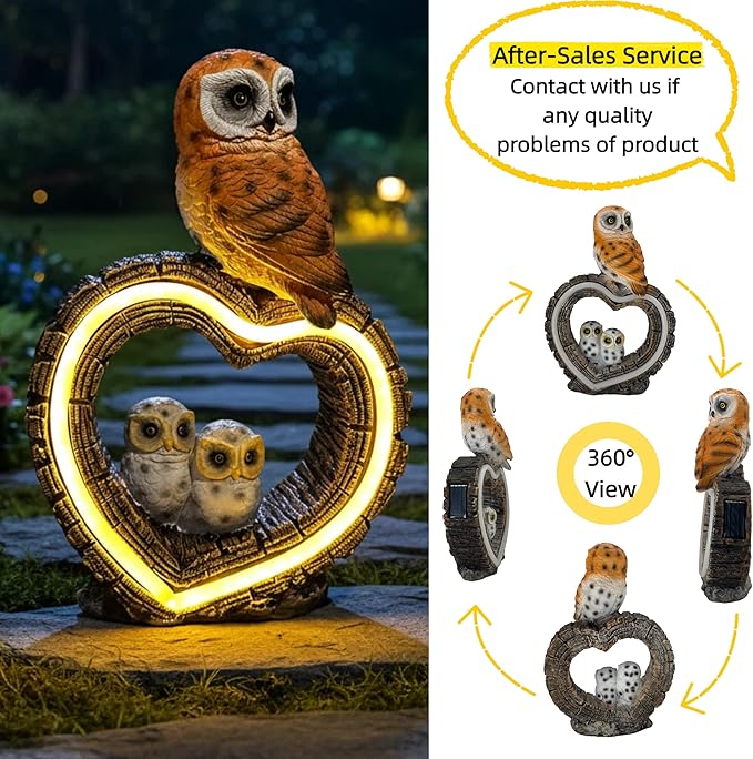 Solar Garden Owl Statue with Love Heart Light, Gifts for Women Mom Grandma, Outdoor Decor for Yard Art Lawn Ornaments Porch Patio Balcony