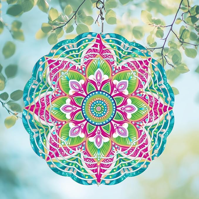 Wind Spinners Outdoor, Hanging Wind Spinner for Garden Decoration, 8 inch 3D Stainless Steel Metal Wind Sculpture for Indoor/Outdoor Decor, Mandala A