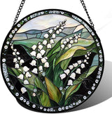 Stained Glass Window Hanging - Elegant White Lily of The Valley Flowers Suncatcher for Doors Garden Terrace Green Sun Catchers Decor Mother's Day Birthday Gifts for Women Men Mom 15 in
