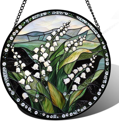 Stained Glass Window Hanging - Elegant White Lily of The Valley Flowers Suncatcher for Doors Garden Terrace Green Sun Catchers Decor Mother's Day Birthday Gifts for Women Men Mom 15 in