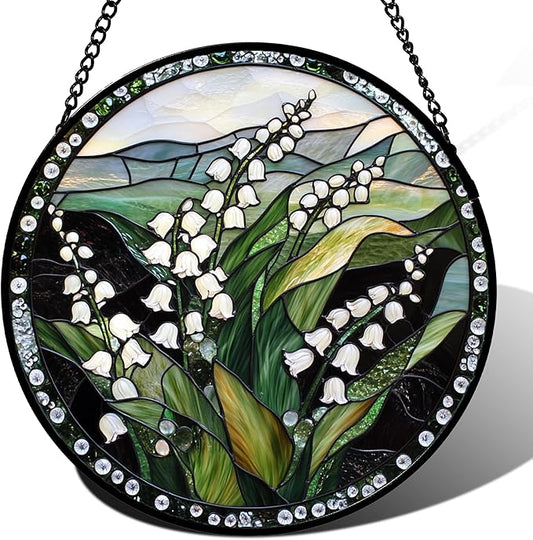 Stained Glass Window Hanging - Elegant White Lily of The Valley Flowers Suncatcher for Doors Garden Terrace Green Sun Catchers Decor Mother's Day Birthday Gifts for Women Men Mom 15 in