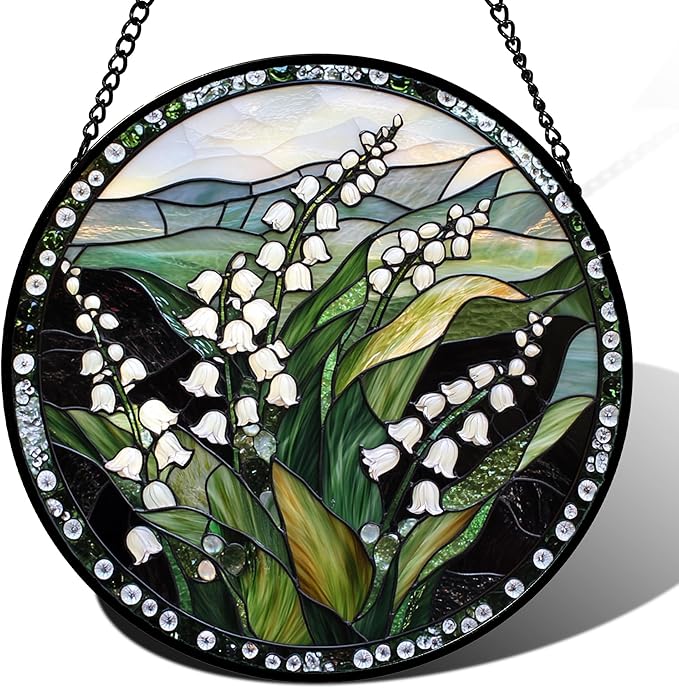 Stained Glass Window Hanging - Elegant White Lily of The Valley Flowers Suncatcher for Doors Garden Terrace Green Sun Catchers Decor Mother's Day Birthday Gifts for Women Men Mom 9.8 in