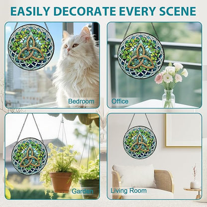 Celtic Knot Stained Glass Window Hanging, Suncatcher Diamond Glass Panel Hangings, Sun Catchers Indoor Windows Wall Art Decoration, Christmas Decor for Home Office Garden Green 7.87 inches