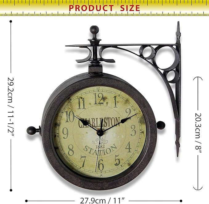 Infinity Instruments Charelston Metal Outdoor Clock, Waterproof Double Sided Train Station Clock & Thermometer