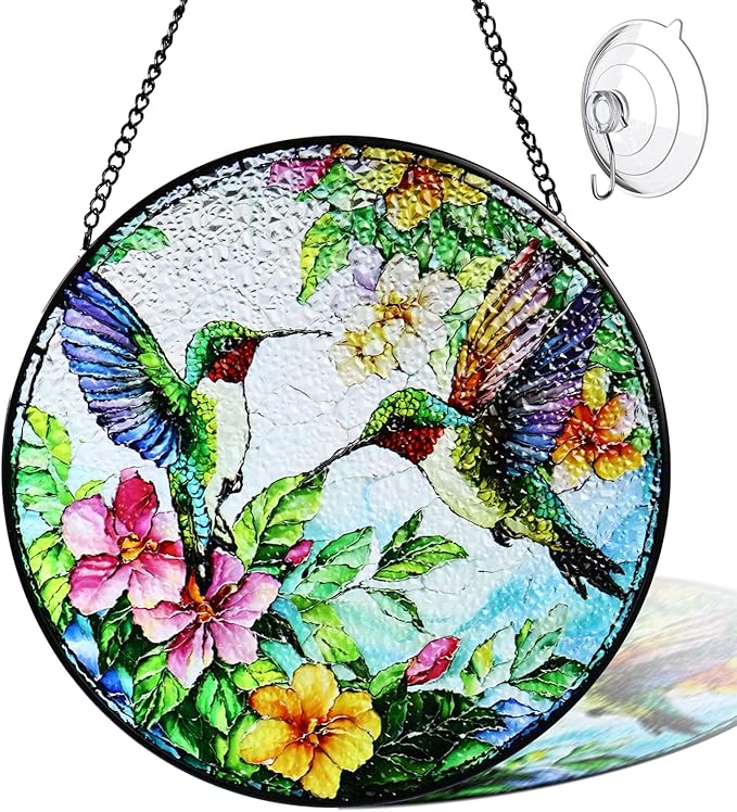 Stained Glass Window Hanging Hummingbird Suncatcher - 8 Inch Wildflower & Bird Sun Catchers for Windows, Indoor/Outdoor Wall Art Decor - Gift for Bird Lovers Women Mother's Day Christmas