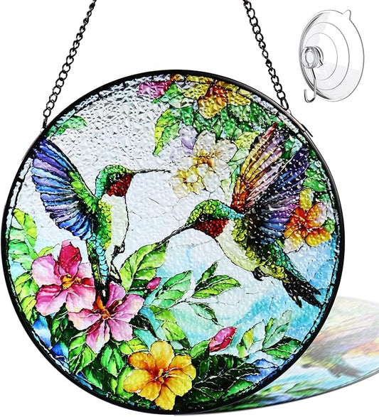 Stained Glass Window Hanging Hummingbird Suncatcher - 8 Inch Wildflower & Bird Sun Catchers for Windows, Indoor/Outdoor Wall Art Decor - Gift for Bird Lovers Women Mother's Day Christmas