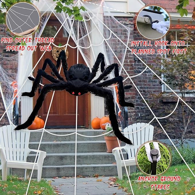 Spider Webs Halloween Decorations Outdoor - 200'' Triangular Spider Web + 49'' Giant Fake Spiders for Indoor Outdoor Halloween Decor Haunted House Décor Yard Home Garden Party