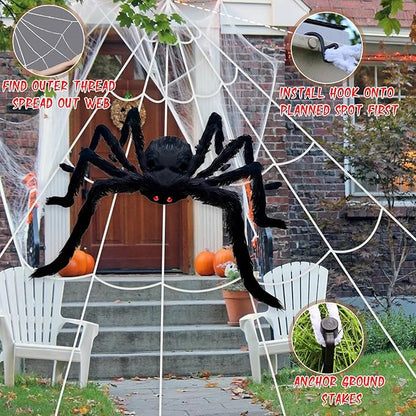 Spider Webs Halloween Decorations Outdoor - 200'' Triangular Spider Web + 49'' Giant Fake Spiders for Indoor Outdoor Halloween Decor Haunted House Décor Yard Home Garden Party