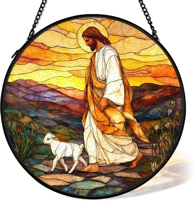 Christian Easter Jesus Lamb Suncatcher Stained Glass Window Hanging Wall Decor, Christian Easter Gifts for Women, Jesus Leaves the 99 Sheep Sun Catchers Garden Lawn Window Hanging Art,7.9x7.9In