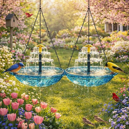 Solar Cascade Hanging Bird Bath Fountain,Outdoor Hanging Bird Bath Solar Fountain for Bird Bath, Solar Bath Fountain for Birds with Solar Pump and Decorative Bowl for Garden, Patio Gift (2PCS A)