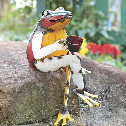 Recycled Metal Coffee Frog Art Sculpture Decor, Unique Metal Frog Sitting Statue for Yard and Garden, Indoor Outdoor Metal Decor, Gardening Gifts Figurines, Housewarming Garden Gift (A)