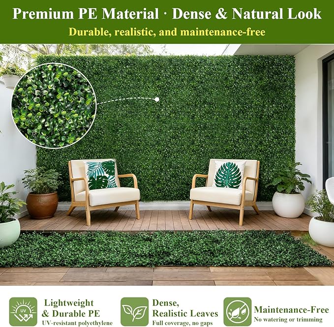 28Pcs Artificial Grass Wall Panels 10" x 10" Faux Boxwood Green Wall UV Resistant Privacy Screen 19.44 Sq Ft with Full Installation Kit for Indoor Outdoor Garden Fence Party Decor