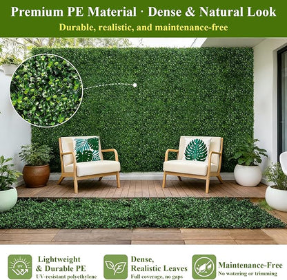 28Pcs Artificial Grass Wall Panels 10" x 10" Faux Boxwood Green Wall UV Resistant Privacy Screen 19.44 Sq Ft with Full Installation Kit for Indoor Outdoor Garden Fence Party Decor