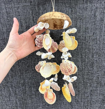 Seashell Windchime Coastal Hanging Decor – Clam Shell Coconut Beach Wind Chime Indoor Outdoor Patio Garden Gift 18”