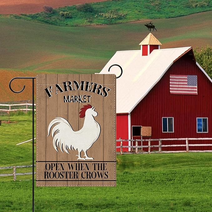 Dyrenson Farmers Market Chicken Decorative Garden Flag, Open When The Rooster Crows Farmhouse Yard Outside Home Decoration, Rustic Country Burlap Outdoor Small Decor Double Sided 12 x 18