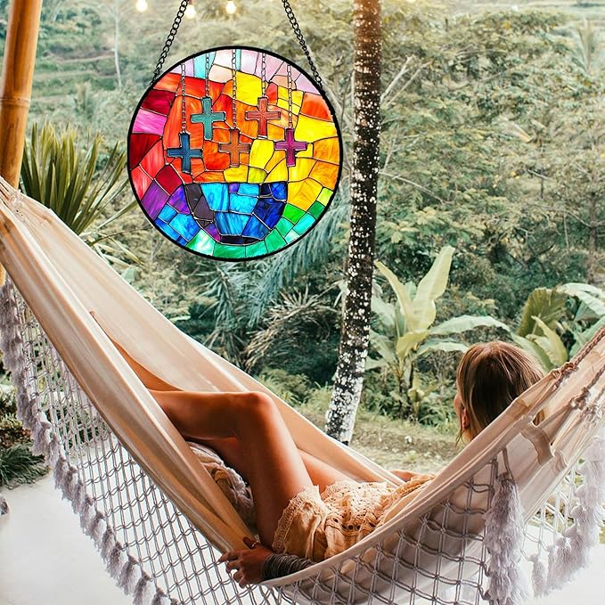 Stained Glass Window Hanging - Abstract Colorful Cross Sun Catcher for Door Terrace Garden Home Decor, Orange Red Suncatcher Birthday Gifts for Lovers Women Men Dad Mom Nana 6.3 in