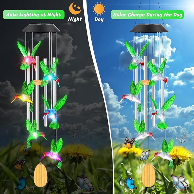 Womens Gifts for Christmas Birthday Gifts for Women Mom Grandma Gift Hummingbird Wind Chimes Solar Lights for Outside Outdoor Yard Home House Patio Garden Decor Gift for Mom Sister Men Wife