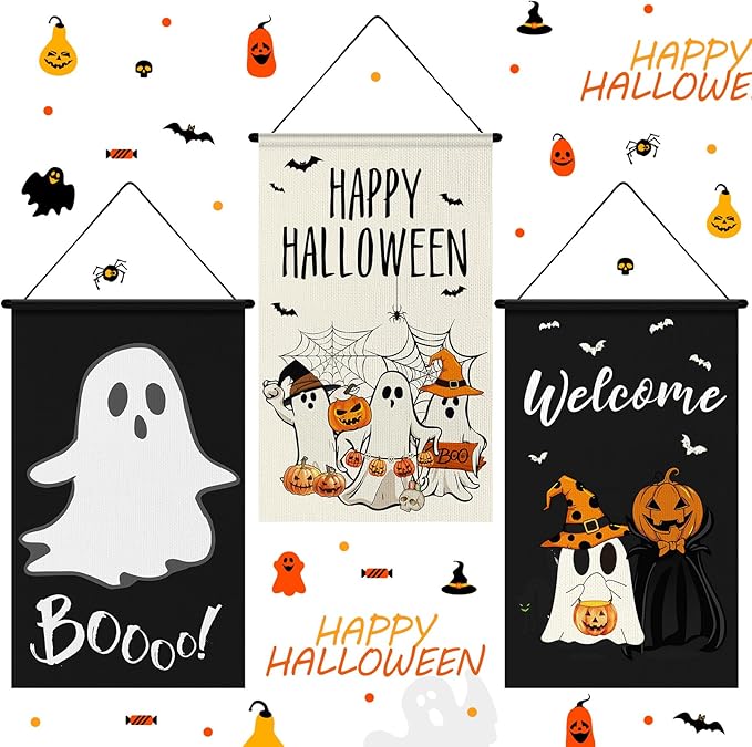 Tegeme 3 Pcs Halloween Door Sign Decoration Happy Halloween Hanging Door Flag Porch Sign Pumpkin Ghost Banner Decor for Home Office Yard Outdoor Indoor Party Supplies
