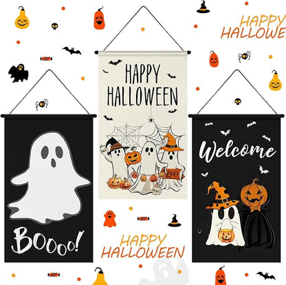 Tegeme 3 Pcs Halloween Door Sign Decoration Happy Halloween Hanging Door Flag Porch Sign Pumpkin Ghost Banner Decor for Home Office Yard Outdoor Indoor Party Supplies