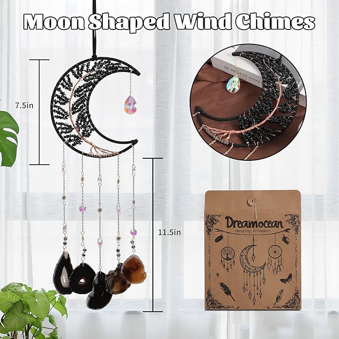 Black Dream Catchers, Dreamocean Moon Tree of Life Dream Catcher with Agate Crystal Suncatchers for Windows Hanging Prism Rainbow Maker Pendant Unique Crystal Gifts for Women