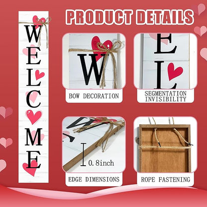Valentine's Day Wooden Porch Sign 47" Spring Large Welcome Porch Sign for Home Front Door Yard Couple Party Decor (Red)