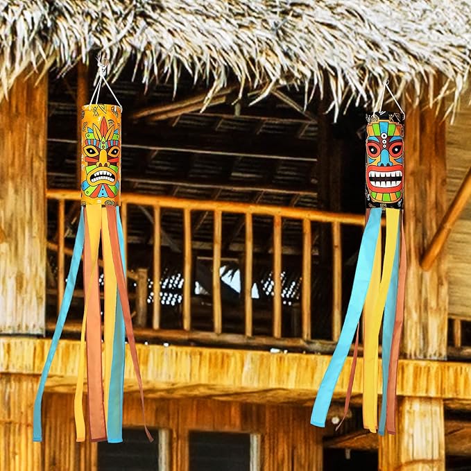 Relaxweex 2 Pcs Tiki Party Decorations 40 Inch Hawaiian Windsocks Tiki Outdoor Decorations Luau Tropical Windsock Hawaiian Hanging Decor for Birthday Summer Jungle Party Decoration Hawaii Bar Supplies