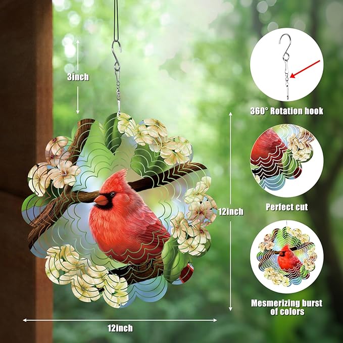 Cardinal Gifts for Women,Cardinal Hanging Wind Spinners 12in, Outdoor Metal 3D Wind Spinner, Stainless Steel Hanging Wind Catchers Sculpture for Outside Decoration