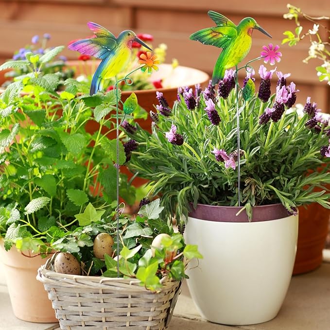 Hummingbird Metal Garden Stakes – 2 Pcs Vibrant Yard Decor with Colorful Design – Durable Lawn Outdoor Plant Picks for Flower Beds, Pathways, or Plant Pots – Great Gift for Garden & Nature Lovers